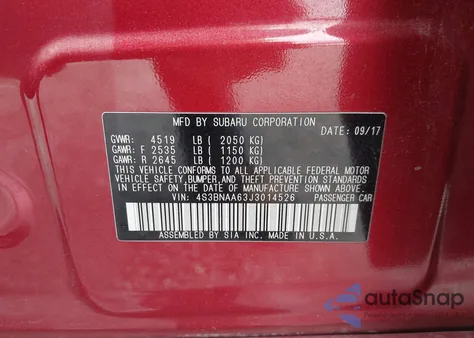 2018 Subaru Legacy 2.5I from USA, damaged, VIN 4S3BNAA63J3014526